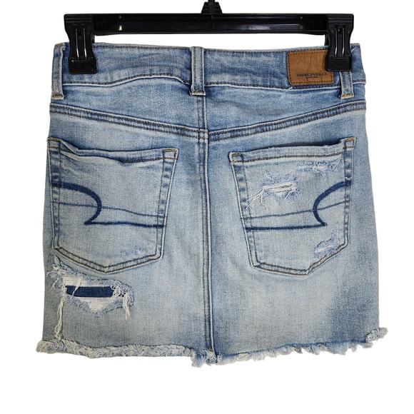 American Eagle Womens Skirt 0 Reg Denim Button Fly Hi-Rise Mini Distressed Blue - Picture 3 of 8